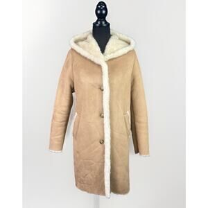 Uniqlo Faux Suede Shearling Coat Womens Sz S Tan Chestnut Beige Long Hooded
